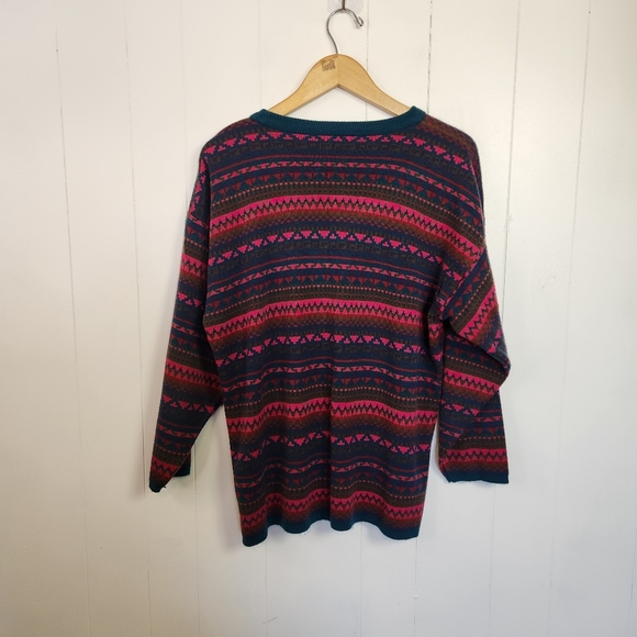 Vintage Oversized Pink Blue Fair Isle Crew Neck Sweater 90s 1990s Ski Preppy M - Picture 3 of 9